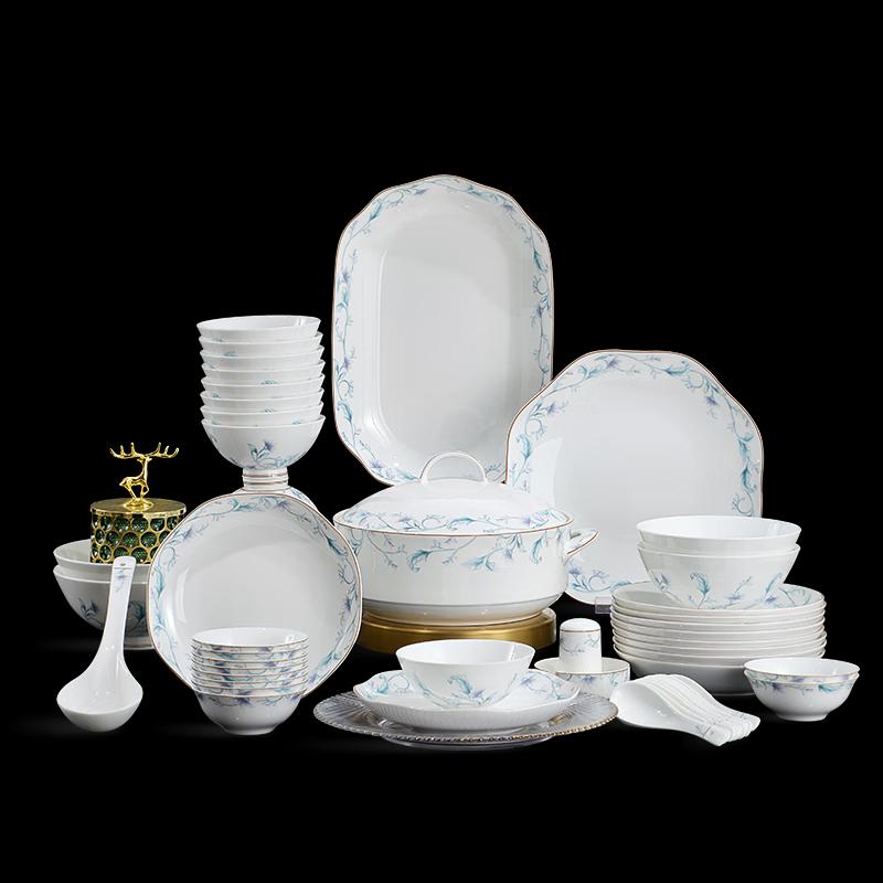 TangHui 50-Piece Chinese Light Luxury Bone China Dinnerware Set - Emerald Vine