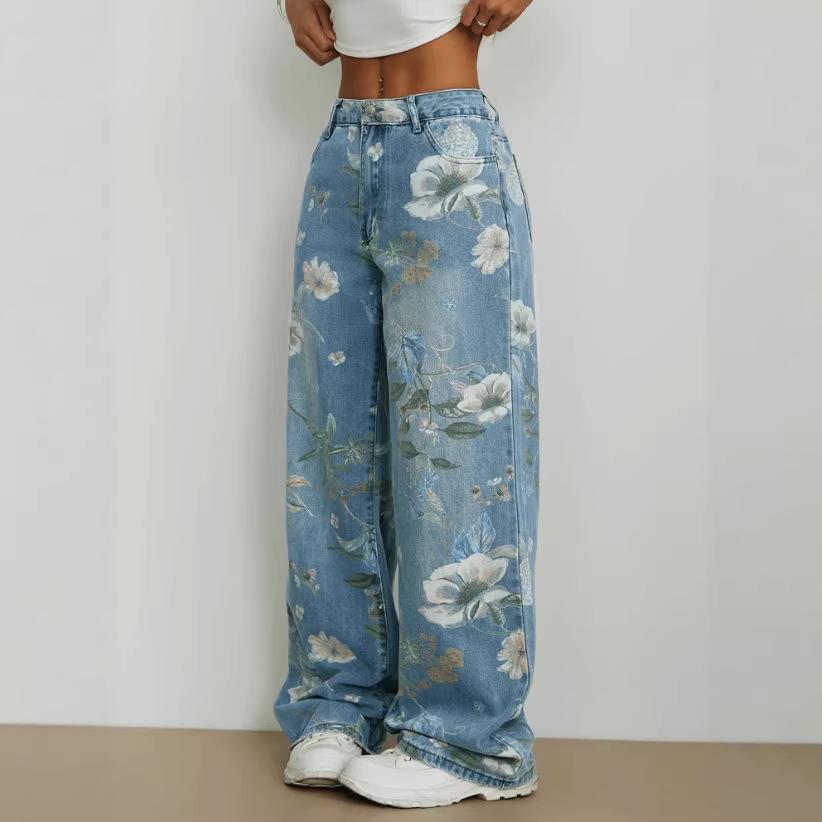2026 Spring/Summer Women's Printed Mid-Waist Wide-Leg Jeans