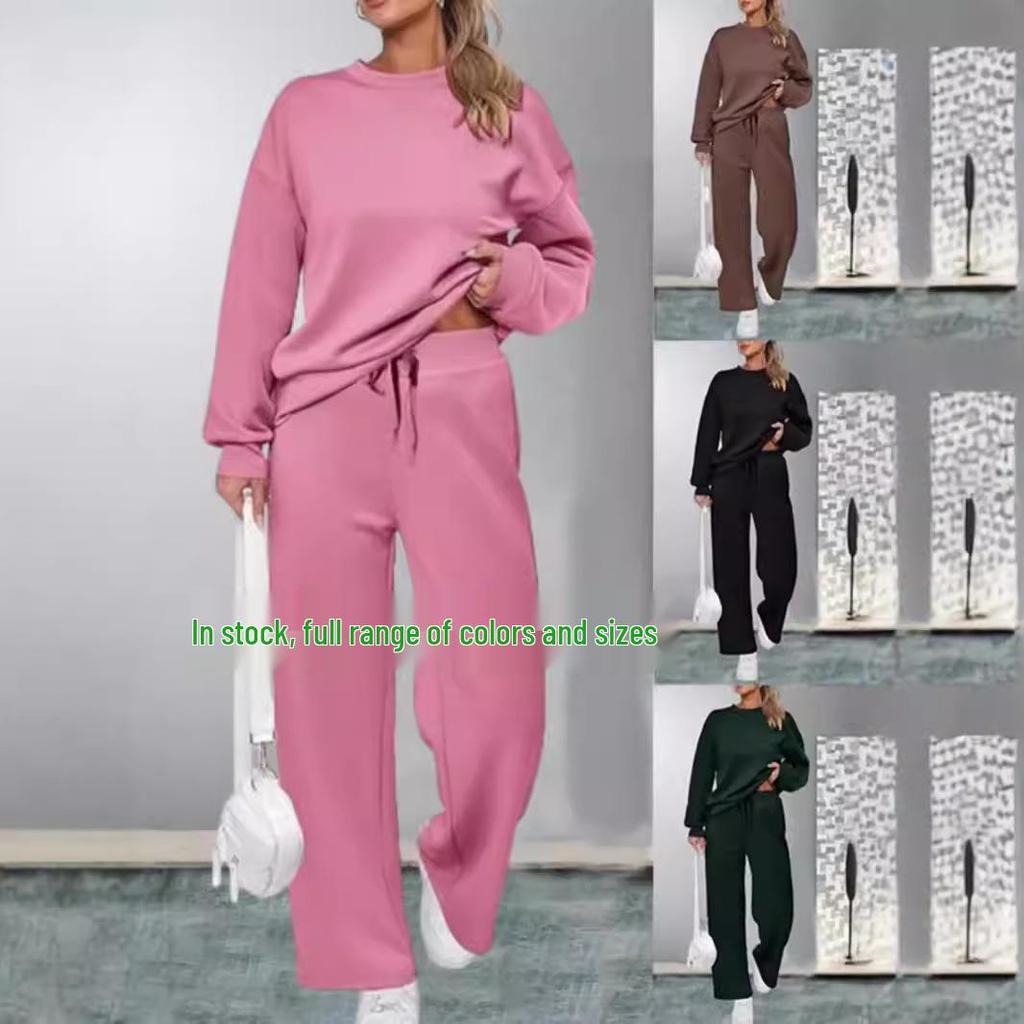 2024 Trendy Knit Women's Two-Piece Set: Long-Sleeve Top & Wide-Leg Pants with Pockets