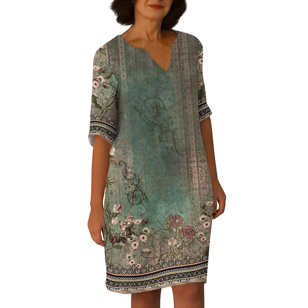 Dresses For Womens Vintage Print Tunic Waisted Midi Dress Summer Casual  Half Sleeve Dress