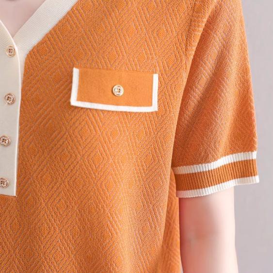 Camiseta de manga corta de punto de seda helada con escote en V de tencel para mujer