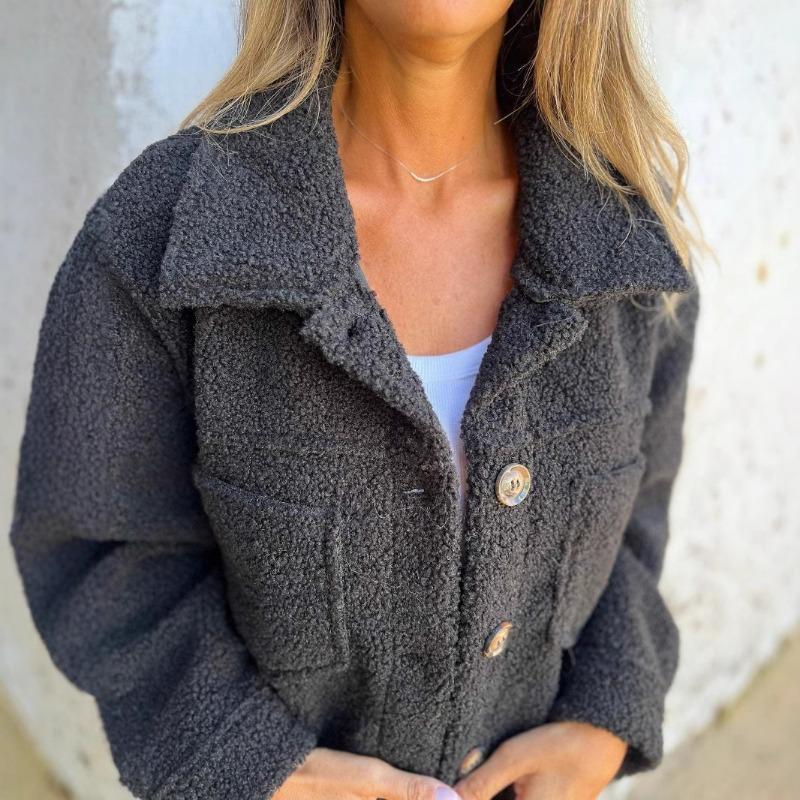 Pink Fashion Autumn and Winter Lapel Single-breasted Women's Lamb Wool Jacket, Simple and Versatile Women's Long-sleeved Top