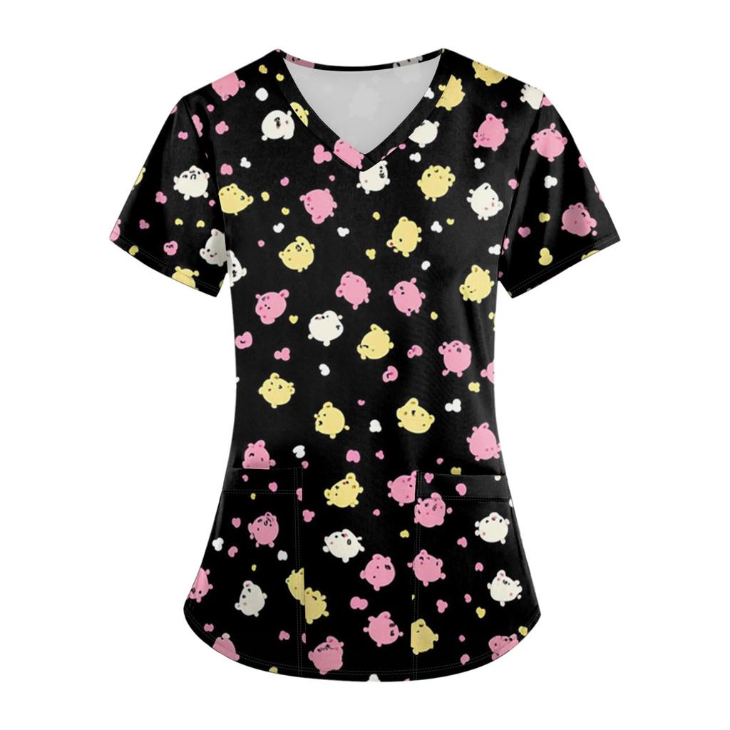 Plus SizePrinted Scrub Working Uniform Tops For Women's Cross V-Neck Halloween Print Short Sleeve Fun T-Shirts Workwear Tee With Pockets