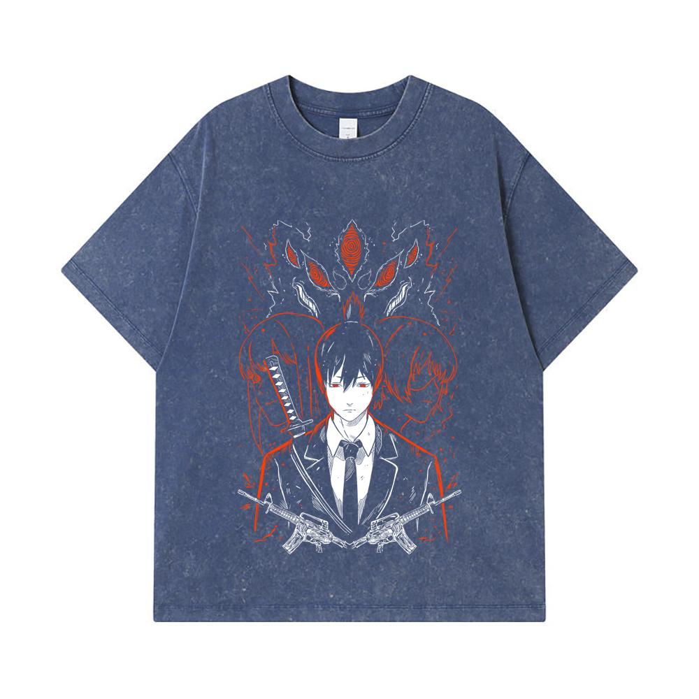 Koszulki GSM Washed Bawełna Chainsaw Man V Aki Nadruk Unisex Ciężka Bawełniana Koszulka