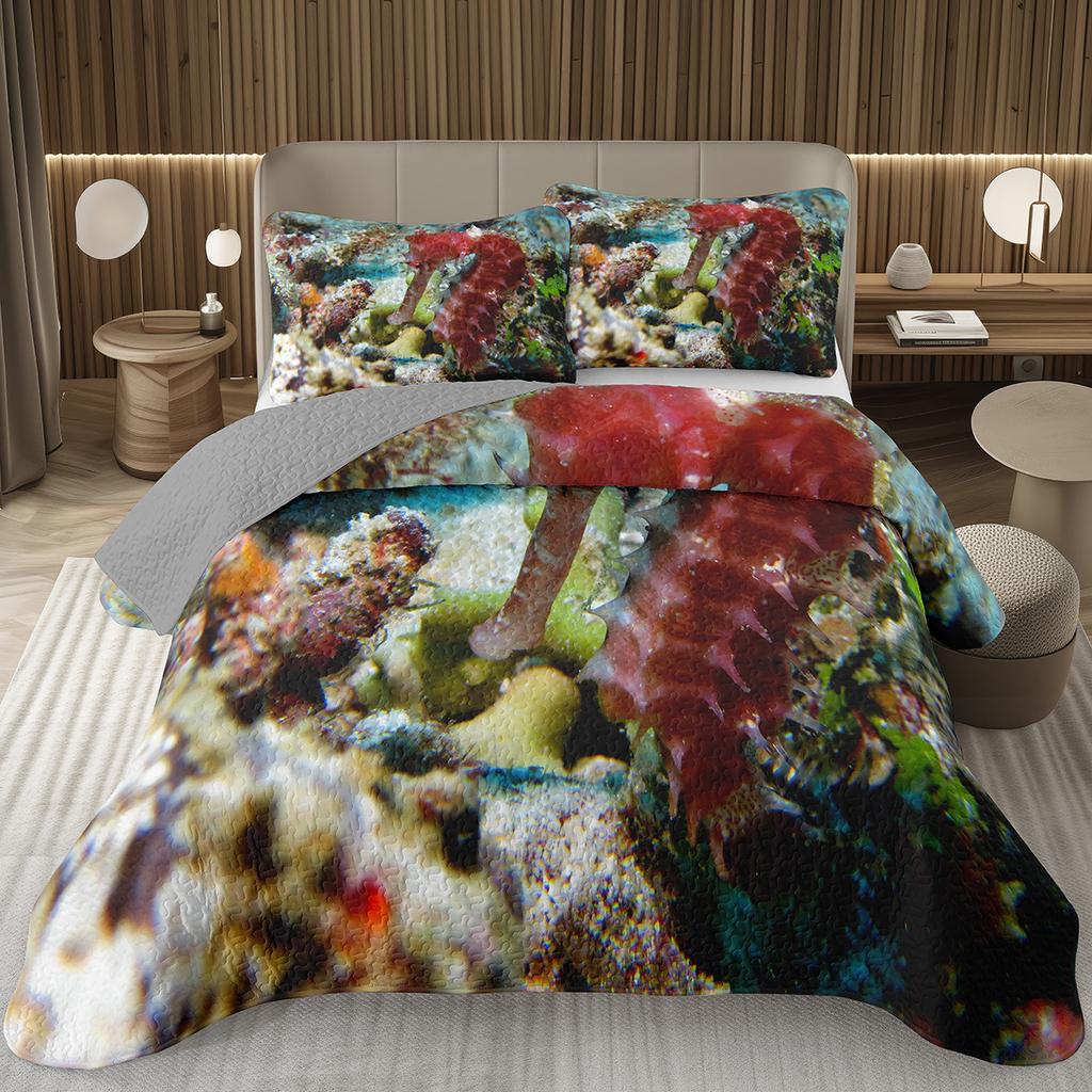 Comforter Seahorse Queen Size 3D Seahorse Printed Bedding Set Ocean Animal Quilted Marine Mediterranean Style Bed