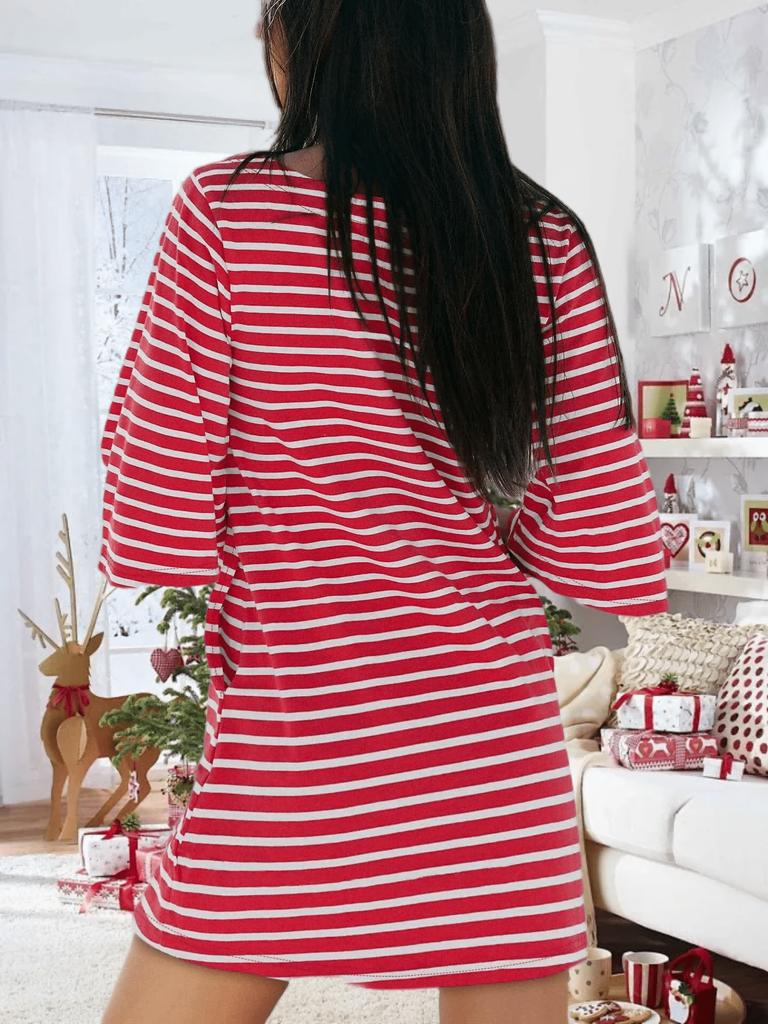 Women's Cotton Striped Mini Dress 3/4 Sleeve Loose Fit with Side Pockets