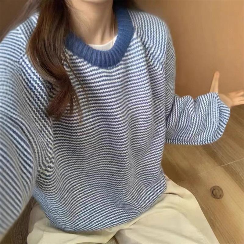 Korean Fashion Crew Neck Winter Striped Pullover Women Sweater Casual Loose Knitted Sweaters Office Ladies Long Sleeve Elegant Office Simple Clothing