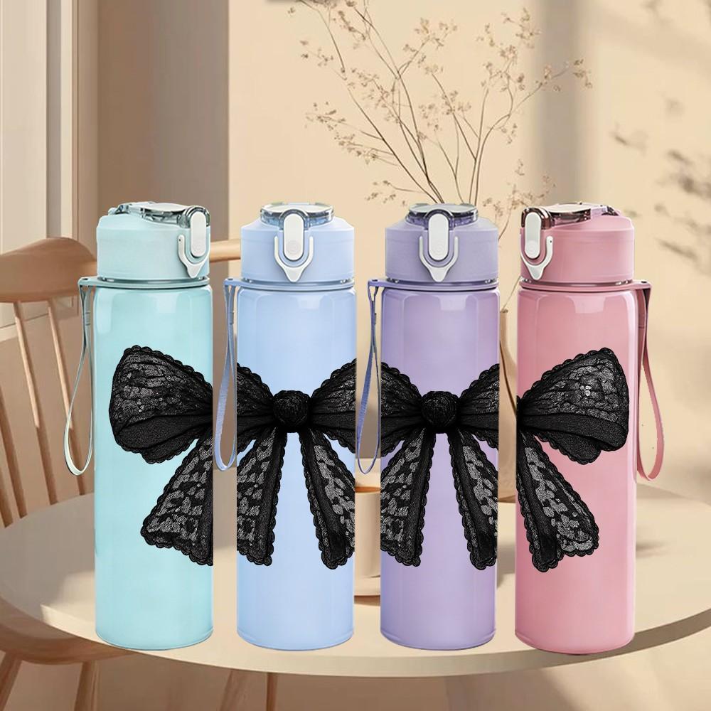 1PC Simple Large Black Coquette Bow 750ml Color Plastic Sports Water Bottle Leakproof Flip Straw Lid Suitable for Sports Office Home Use