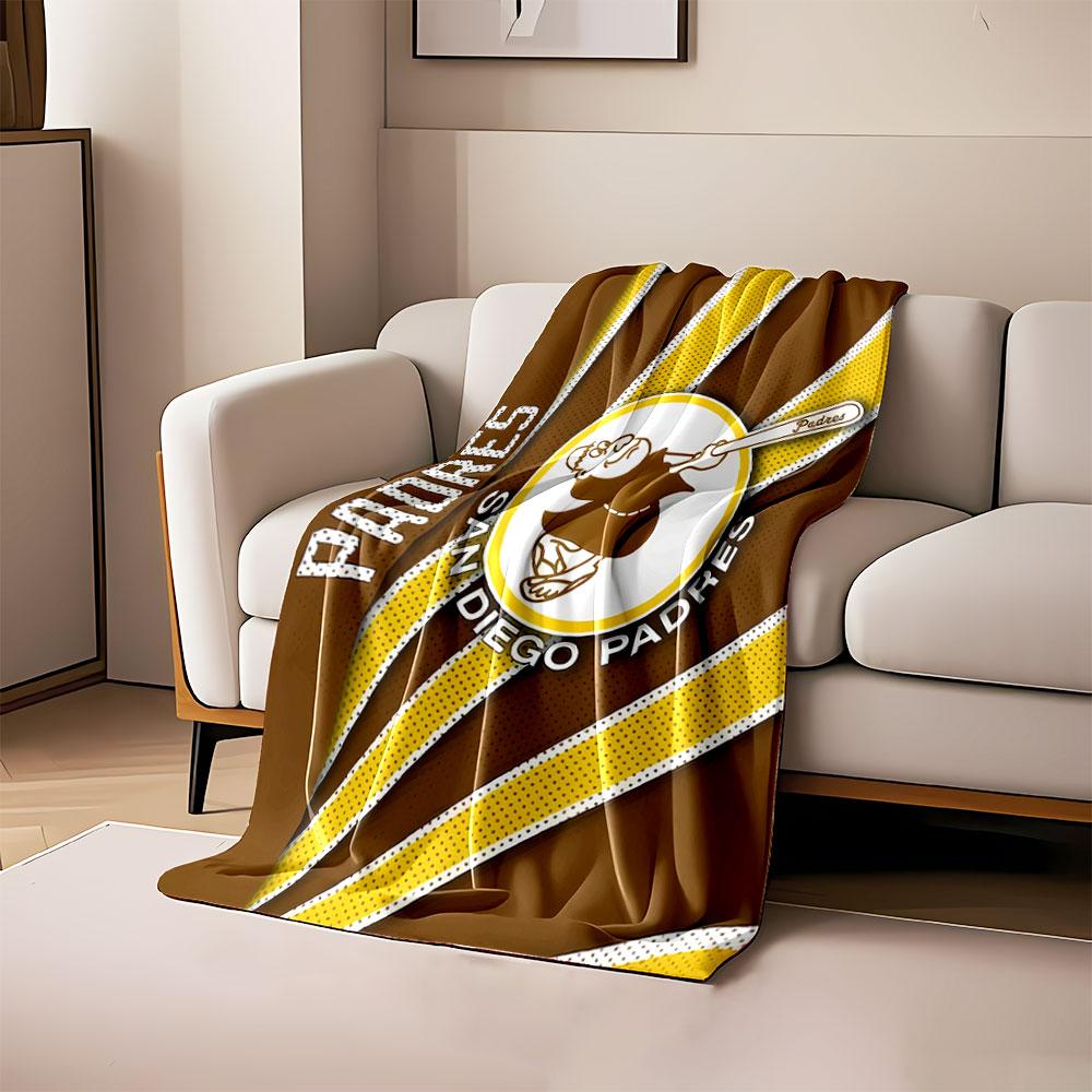 Retro design with yellow rays, brown background, and San Diego Padres logo. for all seasons blanket lunch break throw gift