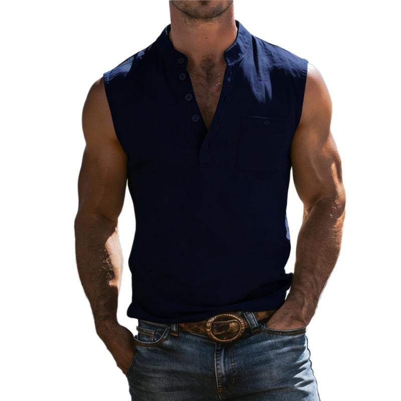 Ärmelloses Henley-Hemd für Herren aus Leinenmischung mit Brusttasche, Mehrfarbig, Lässiges Sommer-Tanktop