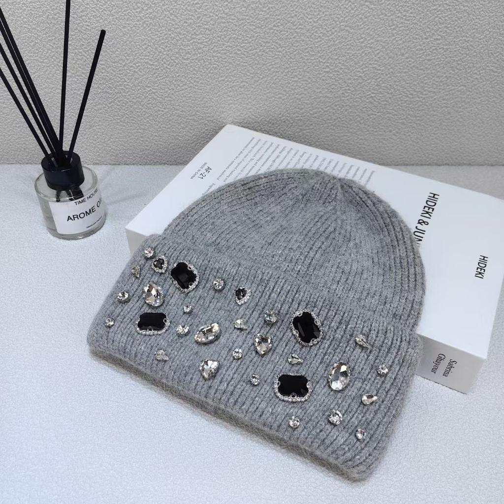 Rhinestone Rabbit Wool Hat for Women In Autumn and Winter White Big Head Knitted Hat Showing Face Small Northeast Wool Hat Cold Hat