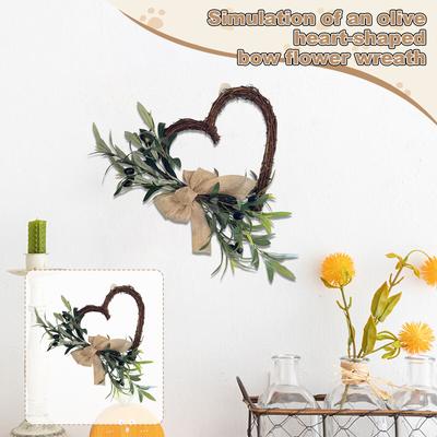 50cm Artificial Olive Heart Bow Wreath, A Seasonal Home Decoration For The Front Door.