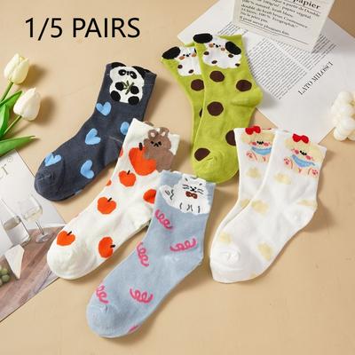 1/5 Pairs Women's Cute Cartoon Mid Calf Socks Pure Sotton Skin-friendly Breathable Mid-tube Socks Suitable for All Seasons