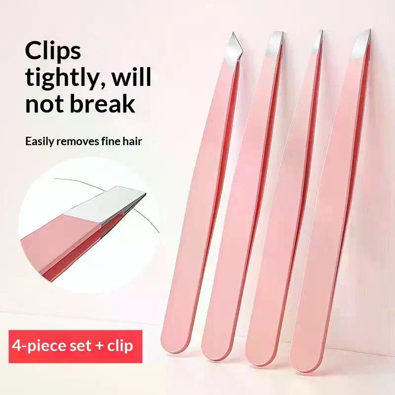 Colorful Stainless Steel 4 Pcs Tweezer Set For Women And Men's Eyebrows & Eyelashes Comes With Storage Bag