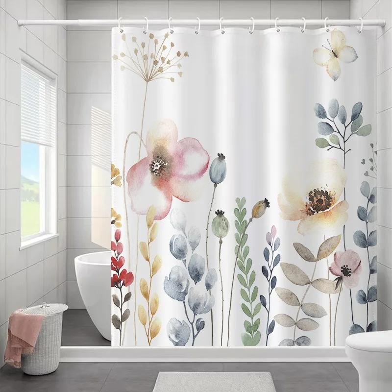 

Цветочная шторка для ванной с бабочками Элегантная шторка для душа с задним листом Водонепроницаемая полиэстеровая ткань с отделкой Шторка для ванной с крючками W90xH180cm
