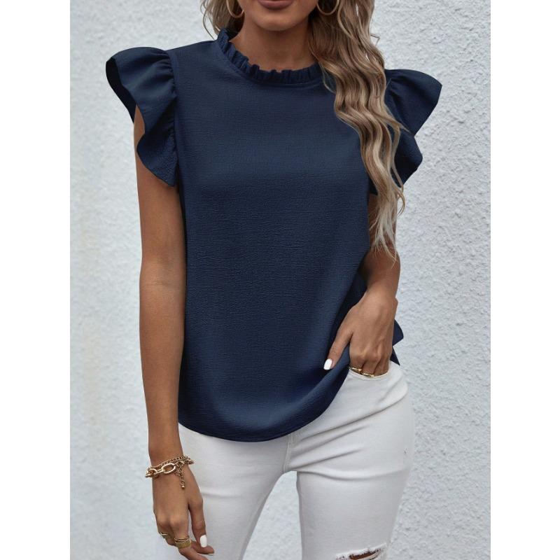 Women Short Sleeve Ruffled Round Neck Blouse