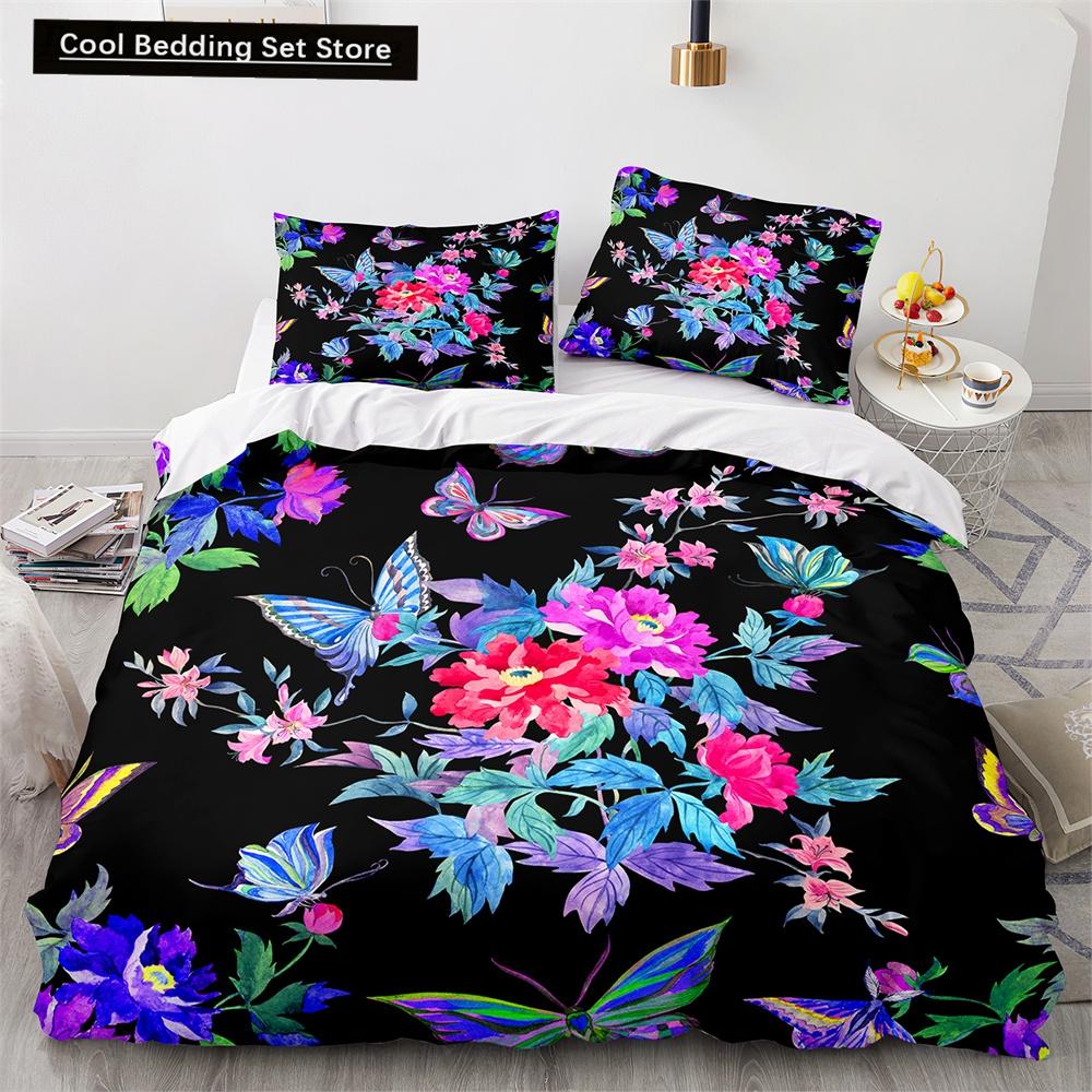 Butterfly Duvet Cover King Queen Colorful Flying Animal Bedding Set for Teens Adults Beautiful Flowers Polyester Quilt Cover