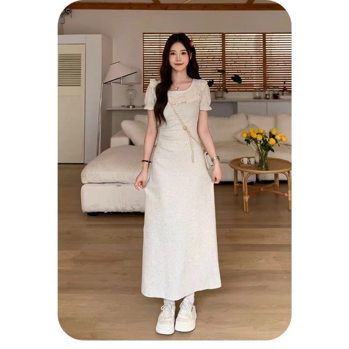 

French lace splicing square neck dress women s summer gentle waist and thin A-word hip skirt short skirt women s clothing long S