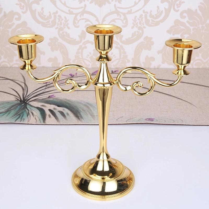 Metal Gold/Bronze Plated Candle Holder Retro 3-Arms Candelabra For Wedding Prop Candlelight Dinner Hotel Home Decoration