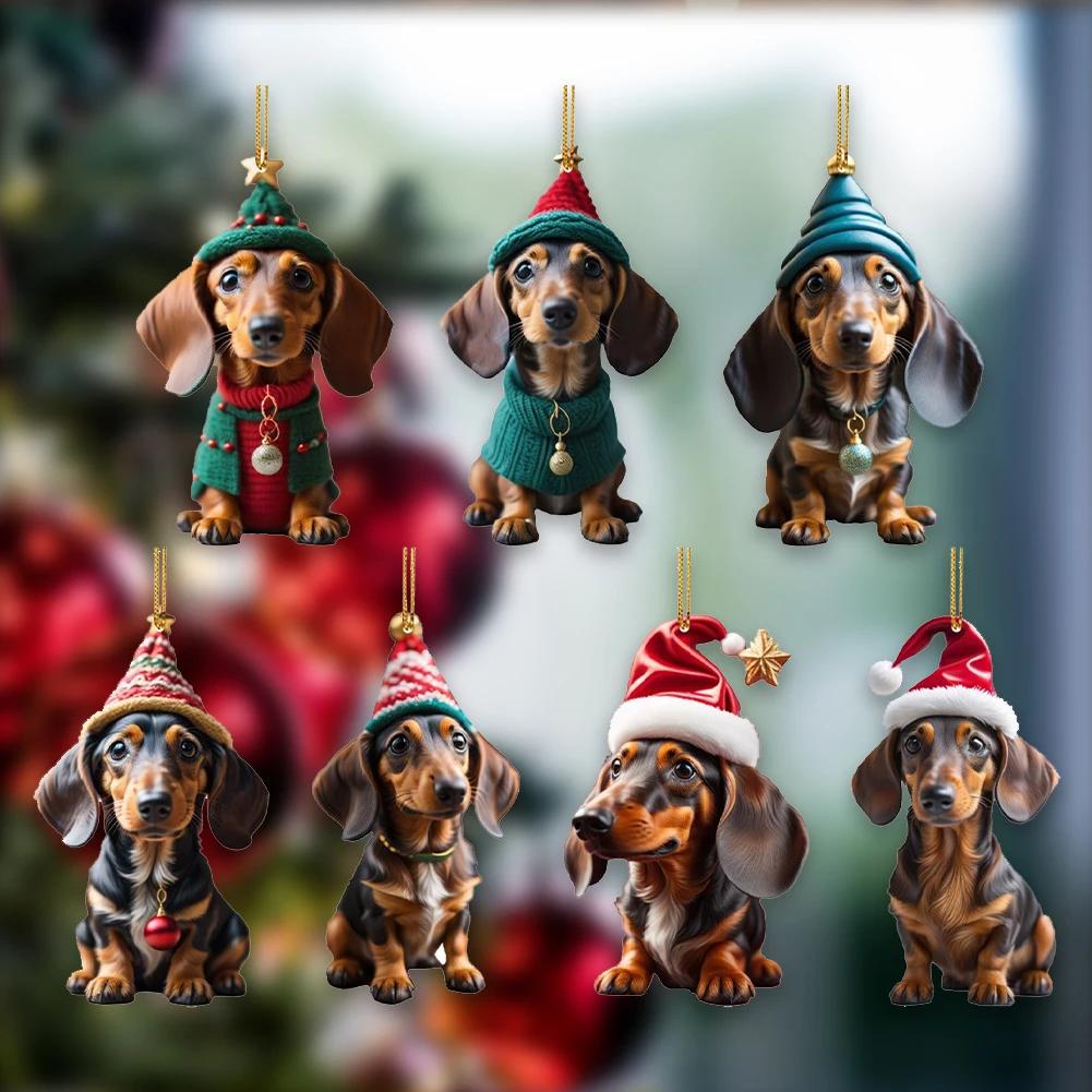 Christmas Cartoon Dog Ornament Acrylic Cute Dog Pendant Dog Figurines Decor Xmas Tree Backpack Car Interior Decor