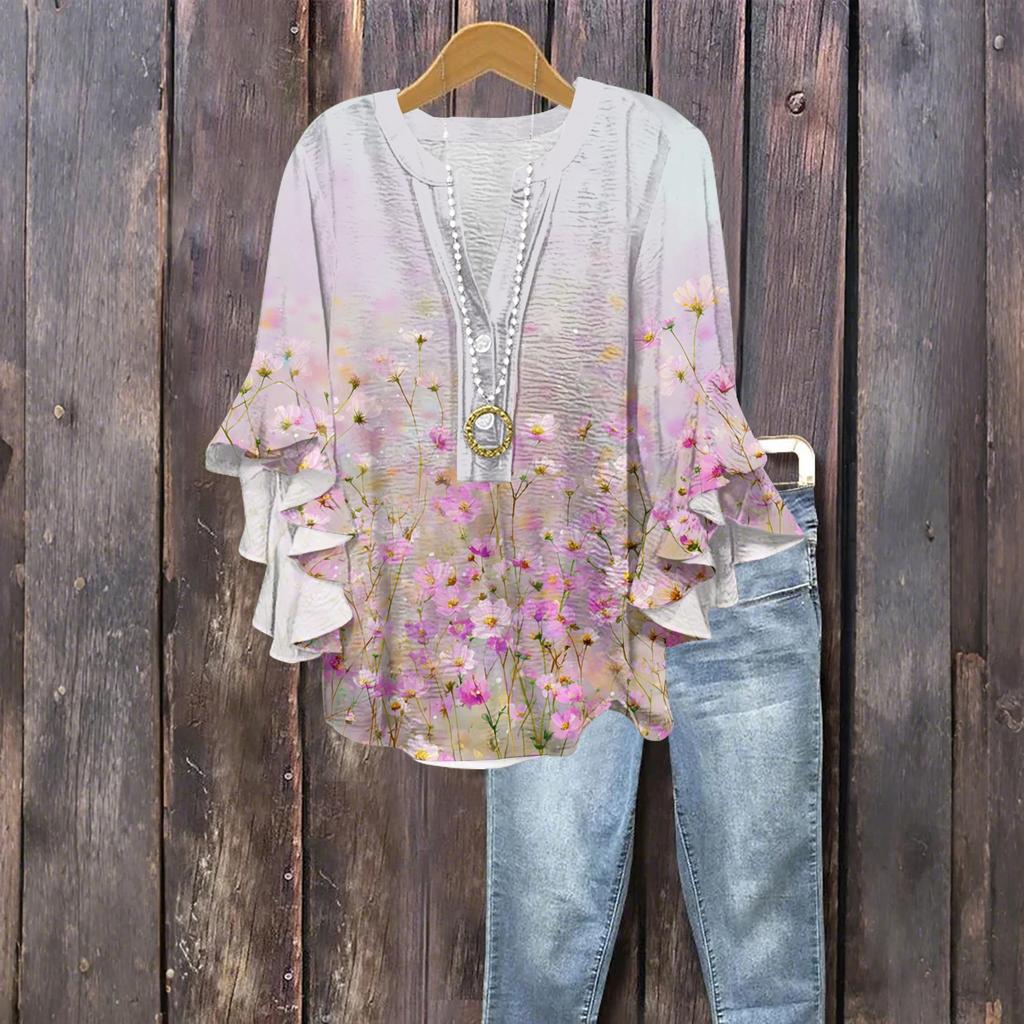 Women's Fashion Button V-Neck Ruffle Seven Sleeve Blouse Floral Printed Top