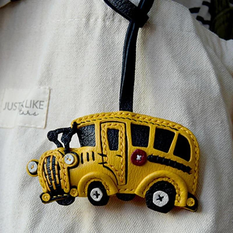 Handmade Leather Keychains School Bus Bag Charm KeyChain KeyRing Creativity, Birthday Gifts