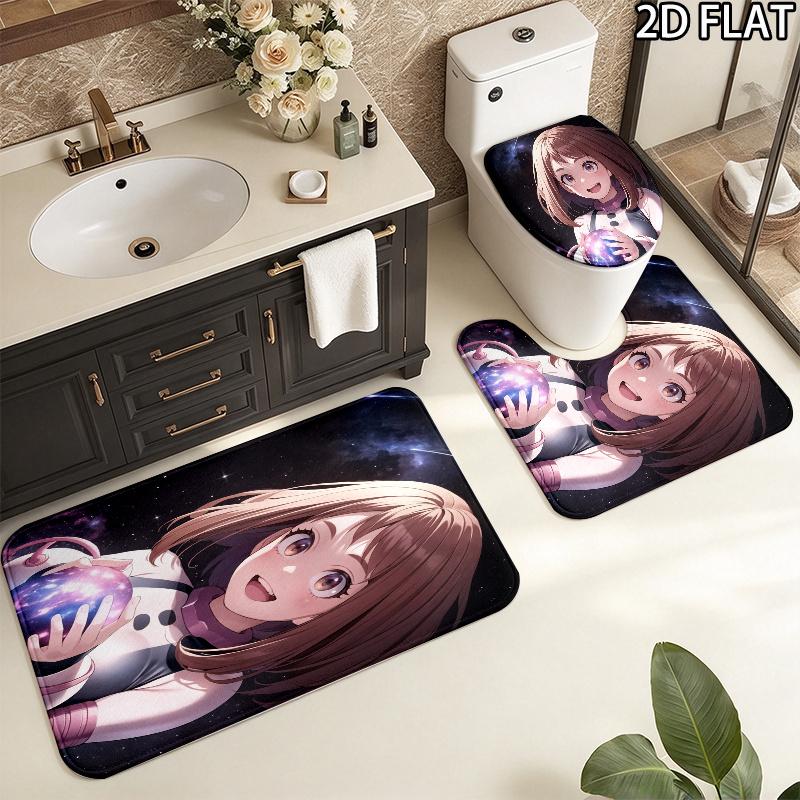 3pcs Ochaco Uraraka Pattern Flannel Nonslip Absorbent Washable Decorative Bathroom Home Toilet Seat Cover Mat