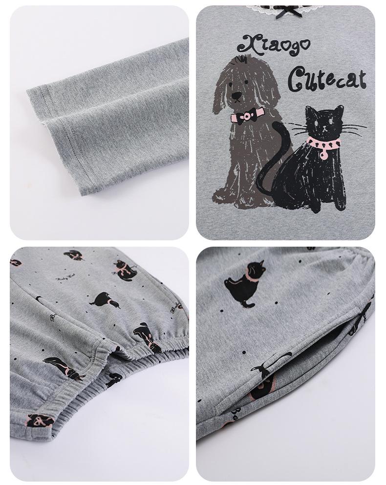 Women's Cute Cartoon Cotton Pajama Set with Chest Pad – Long Sleeve & Pants for Spring/Autumn