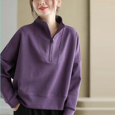 Damen-Sweatshirt mit Stehkragen und halbem Reißverschluss, lockere Passform, langärmelig, lässiges Oberteil, Übergröße