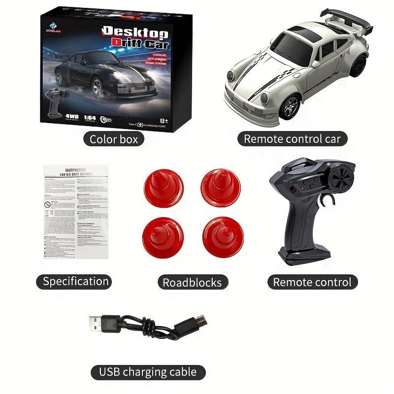 1:64 Drift Car Remote Control Toy Car 2.4GHz 4WD Luminous Front and Rear Headlights Tyre and Roadblock Tools Remote Control with Electronic Locator