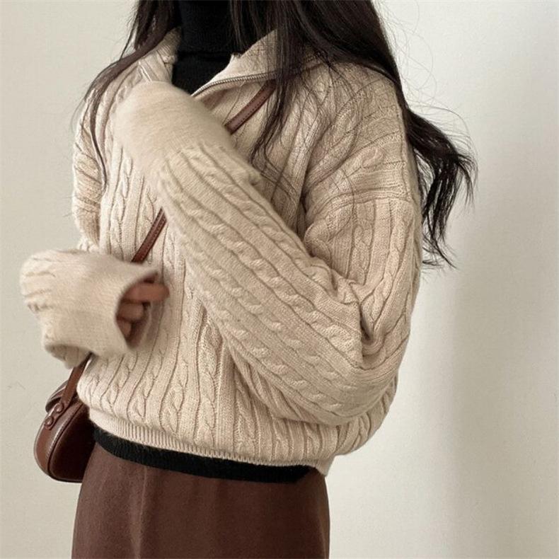 Women's Pullover Knit Sweater Autumn and Winter New Zipper Casual Long Sleeve Pullover Top Women