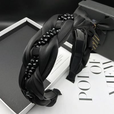 New Organza Braided Headband Black Crystal Hairband Wide Edge Non-slip Hair Accessories