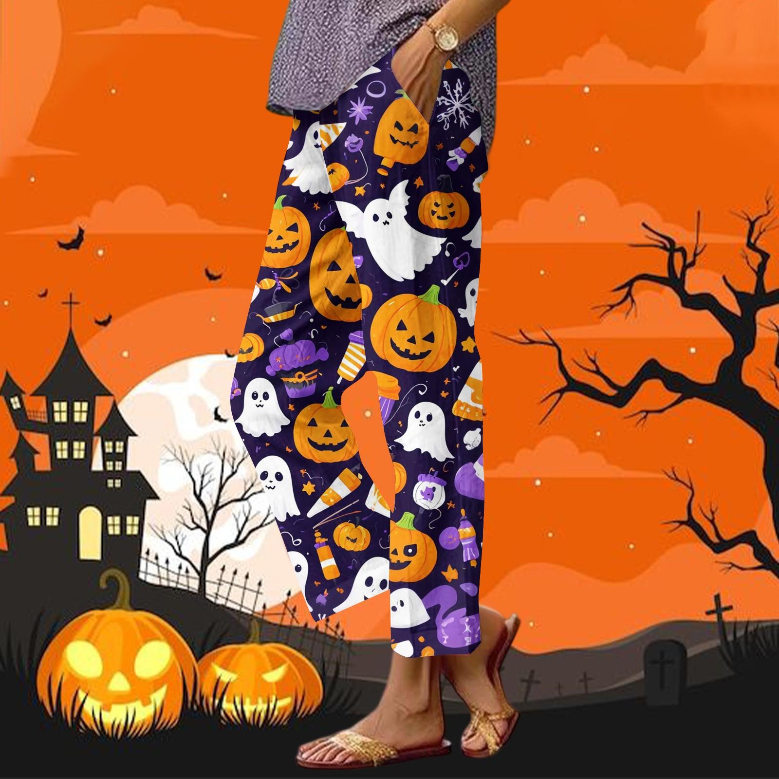 

Женские повседневные модные брюки прямого кроя с принтом на Хэллоуин, брюки с карманами M