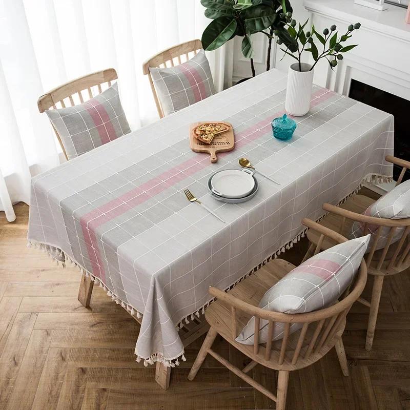 Nordic Cotton Linen Tablecloth Waterproof and Wash Free Tablecloth  Checkered Table Cloth Hotel Square Table Cover with Lace Hem