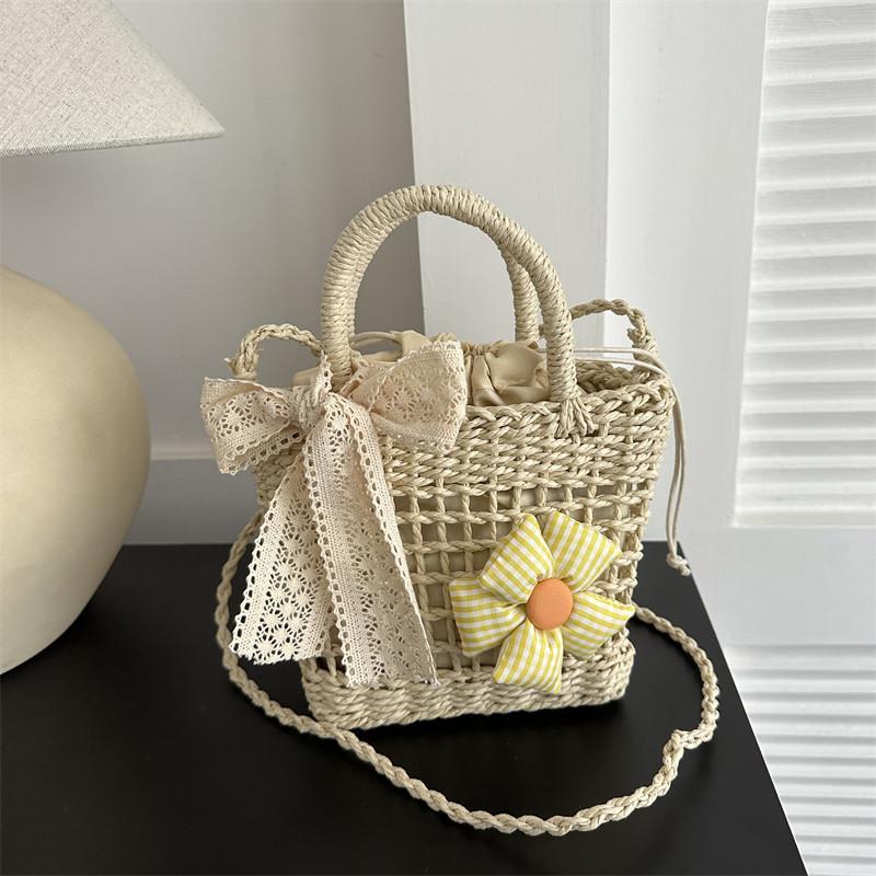 Women Straw Woven Handbag Daisy Flower Lace Bow Summer Beach Bag Small Tote Crossbody Boho Style Shoulder Bag