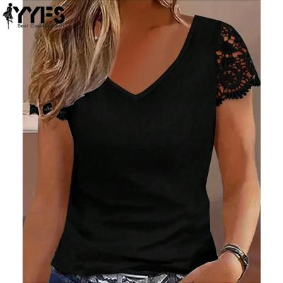 Damenmode, lässig, Sommer, Frühling, einfarbig, bedruckt, kurzärmelig, V-Ausschnitt, Blusen und Hemden