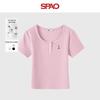 Damen Slim-Fit T-Shirt mit U-Ausschnitt und Elfenbein-Bärenstickerei