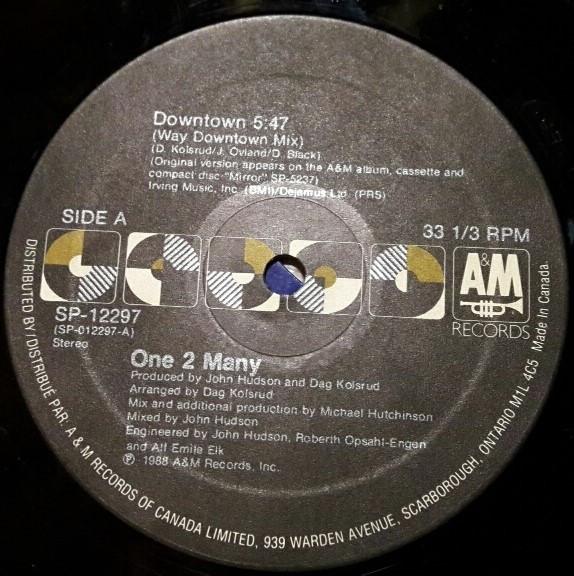 

12inch Record ONE 2 MANY Downtown SP12297 AM 1988 Canada Dance Electronica Used