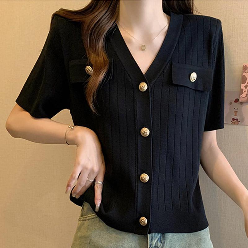 

Женские свитера, кардиганы, лето 2025, короткий рукав, V-образный вырез, белый, вязаный, черный свитер, женские топы, кардиган JJ237 One Size чёрный