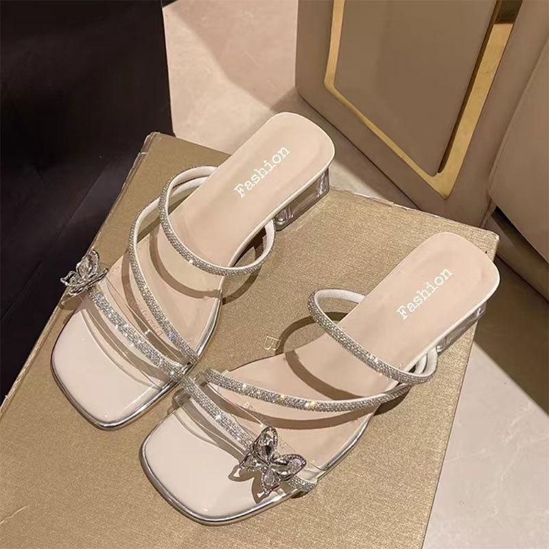 Rhinestone Slippers Women's Summer Wear 2025 Korean Version of the New Bow Crystal Thick Heel with Skirt One-word Cool Slippers
