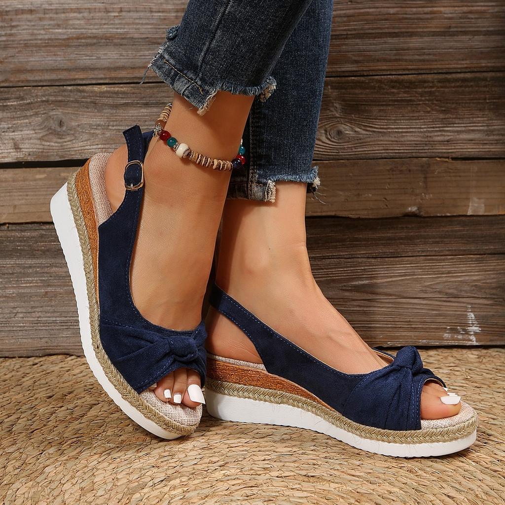 Sandals new suede hemp rope bow wedge heel casual sandals women's shoes