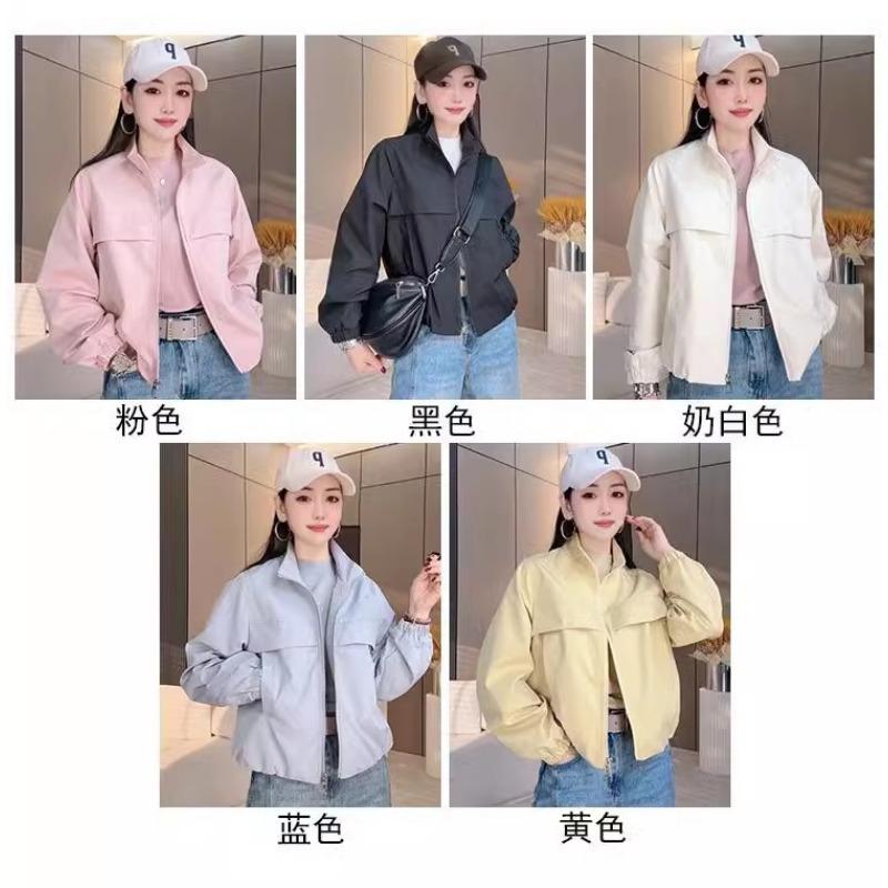 Women Solid Color Short Windbreaker Jacket Long Sleeve Turn Down Collar Zip Up Casual