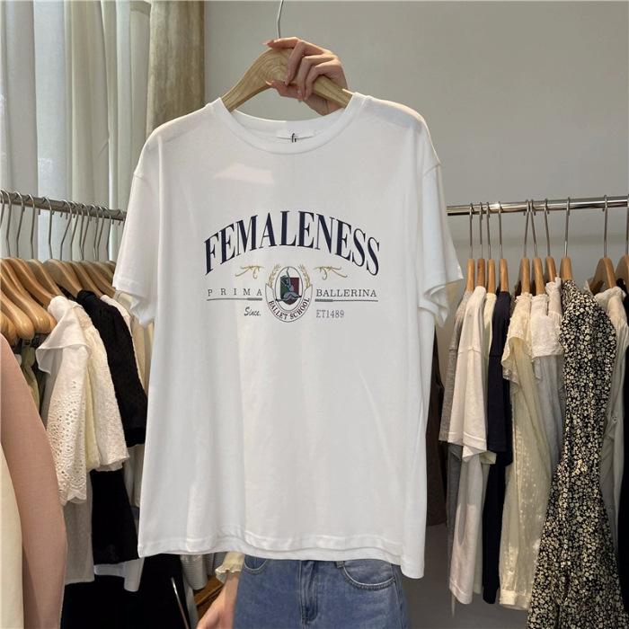 

(Гребенной чистый хлопок) Футболка женская летняя новая с принтом на спине с обработанным краем S-XXXL S