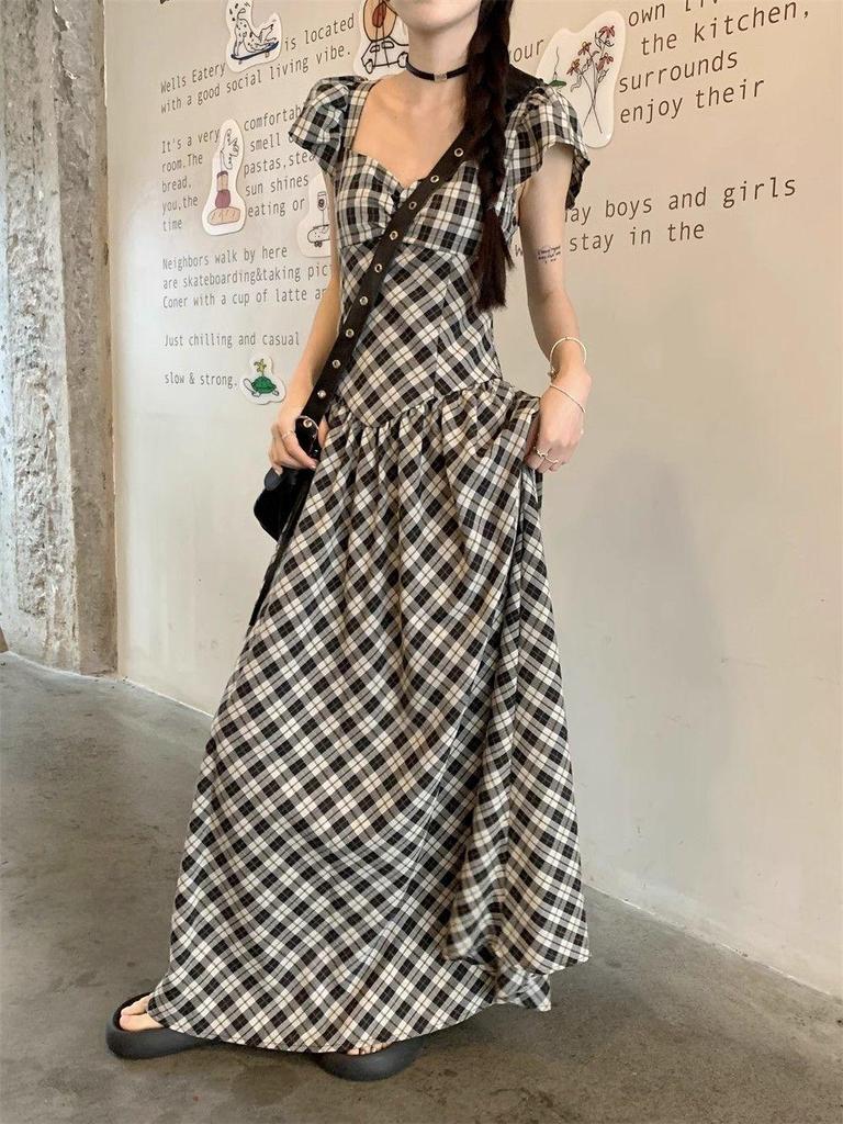 French Retro Plaid Puff Sleeve A-line Dress: Elegant Backless Square Neck Summer Style