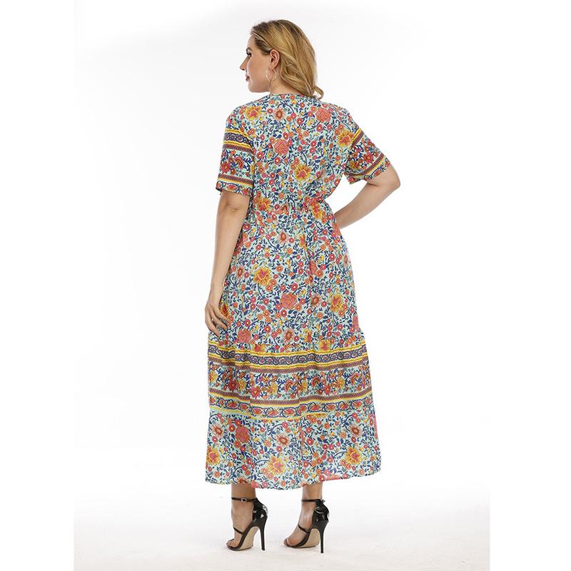 (M~4XL) Vestido Largo Boho con Estampado Floral para Mujer Cuello en V manga corta cintura alta patchwork vestido maxi moda casual transpirable ligero talla grande
