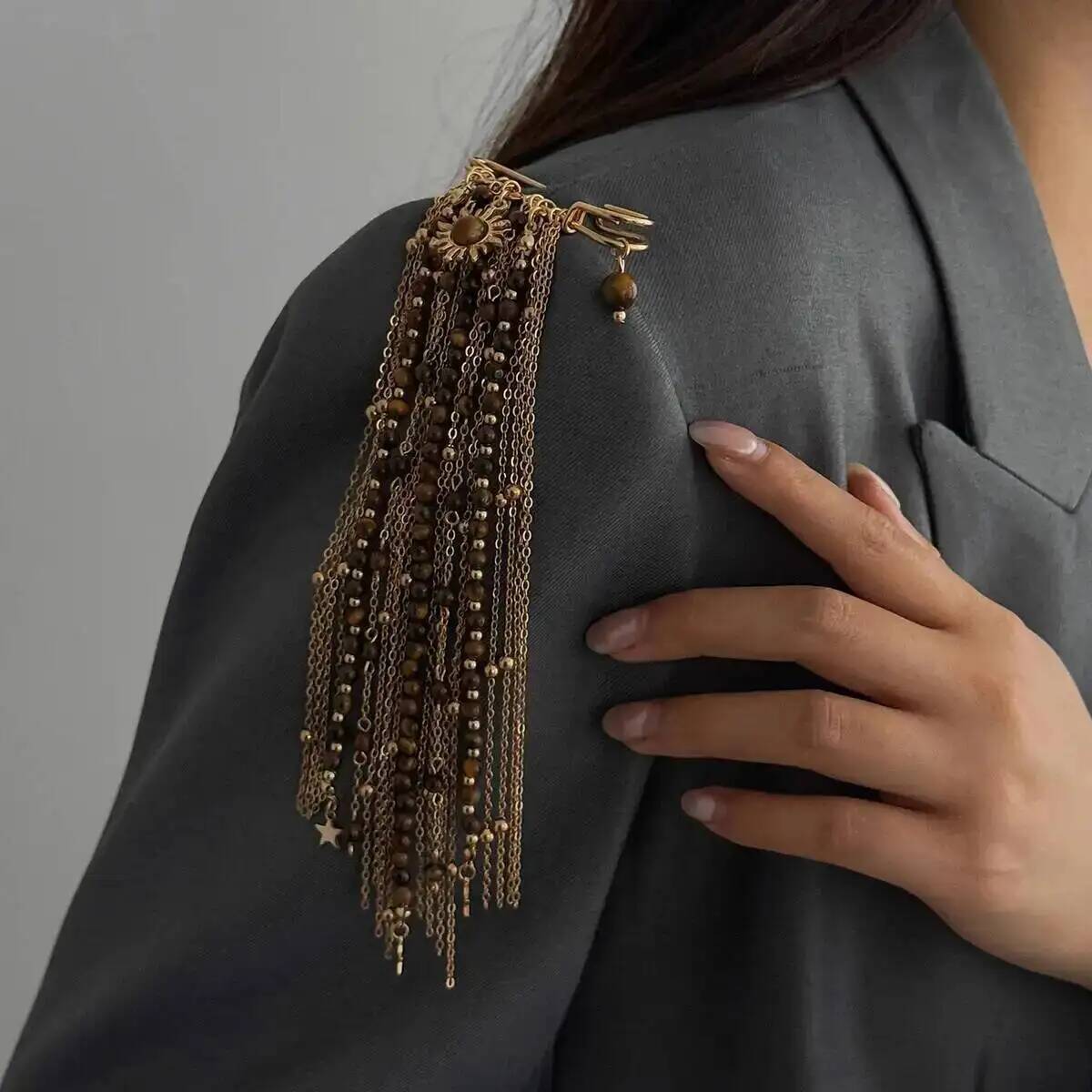 SHIXIN Exaggerated Long Tassel Chain Rice Bead for Women Brooch Handmade Bead Multi-layer Chain Fixed Needle Clothing Decoration