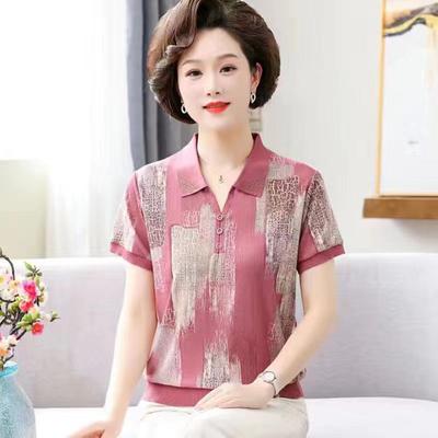 Camiseta de Manga Curta de Verão para Mãe de Meia-Idade Moda Camisa Pequena Feminina Solta Tamanho Grande Top Polo Curto de Seda Gelada Feminino