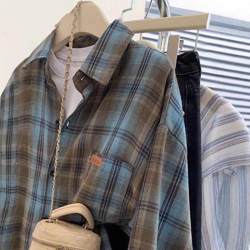 Women's Retro Plaid Contrast Shirt - Korean Style, Loose Fit, Versatile for Spring & Autumn, Unisex Lazy Style Shirt Jacket.