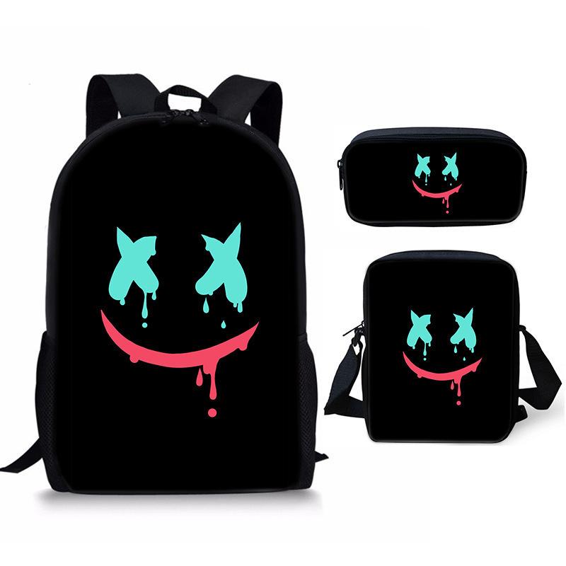 American Djmarshmello Marshmallow Backpack Three-Piece Backpack For Primary And Secondary School Students School Bag For Children Three-piece set (backpack + satchel + pencil case)