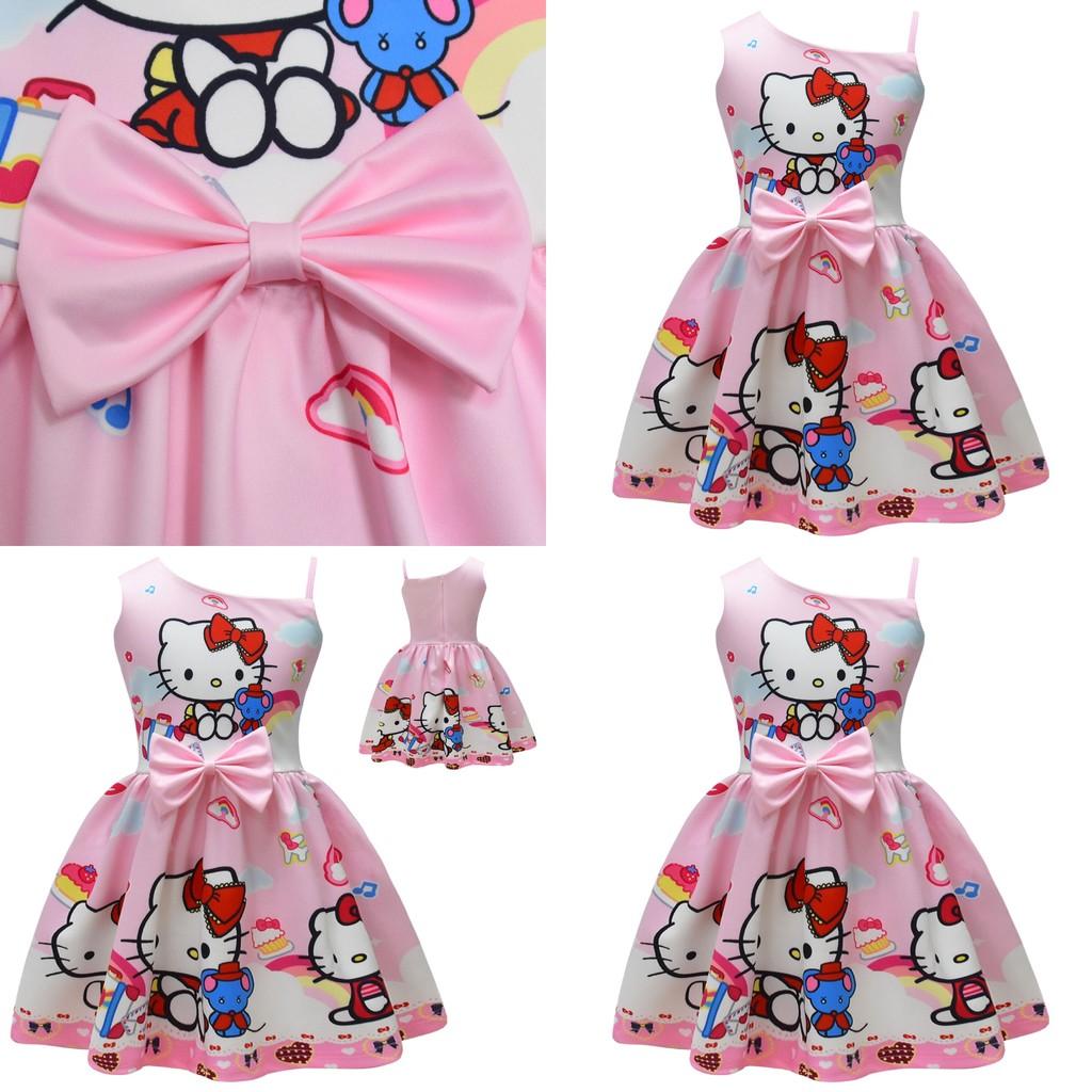 Ärmelloses Kleid mit Hello Kitty Cartoon-Print und Rüschendetails für das Frühlings-Verkleiden